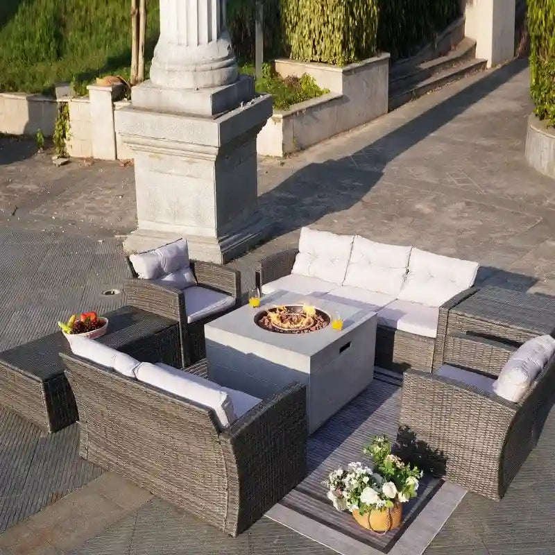 7-Piece Outdoor Wicker Conversation Sofa Set with Fire Pit