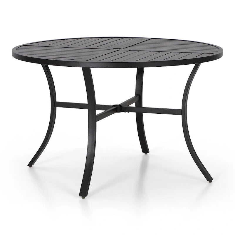 Ensemble de salle à manger d'extérieur 5 pièces, comprenant 4 chaises pivotantes avec structure en aluminium et revêtement en tissu textilene respirant, et 1 table ronde en métal.