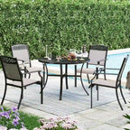 Ensemble de salle à manger d'extérieur 5 pièces, comprenant 4 chaises pivotantes avec structure en aluminium et revêtement en tissu textilene respirant, et 1 table ronde en métal.