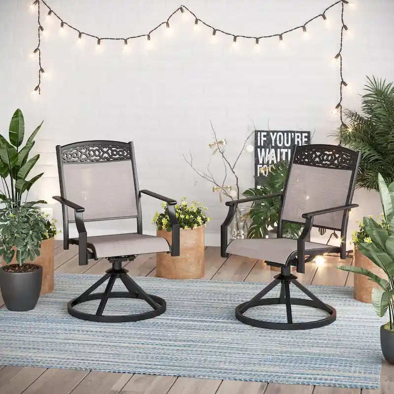 Ensemble de salle à manger d'extérieur 5 pièces, comprenant 4 chaises pivotantes avec structure en aluminium et revêtement en tissu textilene respirant, et 1 table ronde en métal.