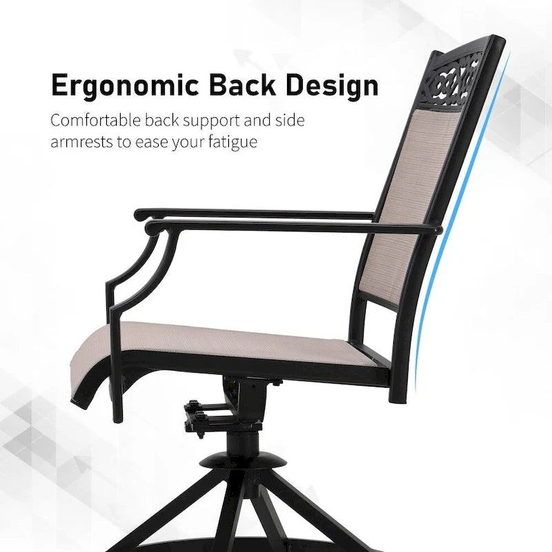 Ensemble de salle à manger d'extérieur 5 pièces, comprenant 4 chaises pivotantes avec structure en aluminium et revêtement en tissu textilene respirant, et 1 table ronde en métal.