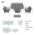 Ensemble de conversation de patio 5 pièces en acrylique avec table et banc en mousse, comprenant un foyer et un banc.