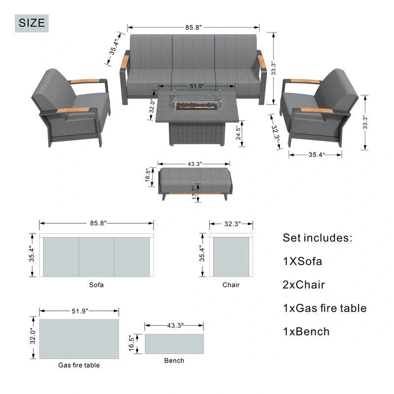 Ensemble de conversation de patio 5 pièces en acrylique avec table et banc en mousse, comprenant un foyer et un banc.