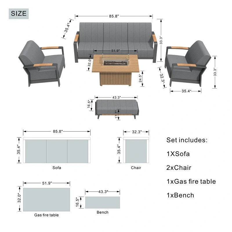 Ensemble de conversation de patio 5 pièces en acrylique avec table et banc en mousse, comprenant un foyer et un banc.