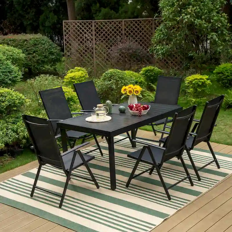 7/9 PCS Outdoor Patio Dining Set, 6/8 Folding Reclining Chairs, 1 Rectangular Expandable Table