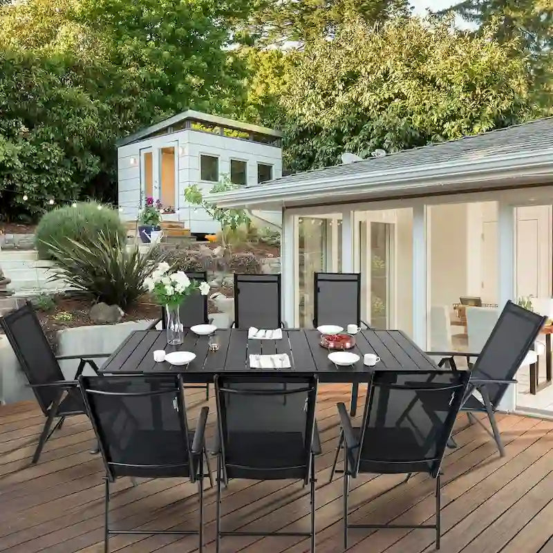 Ensemble de salle à manger d'extérieur 7/9 pièces, 6/8 chaises pliantes inclinables, 1 table rectangulaire extensible