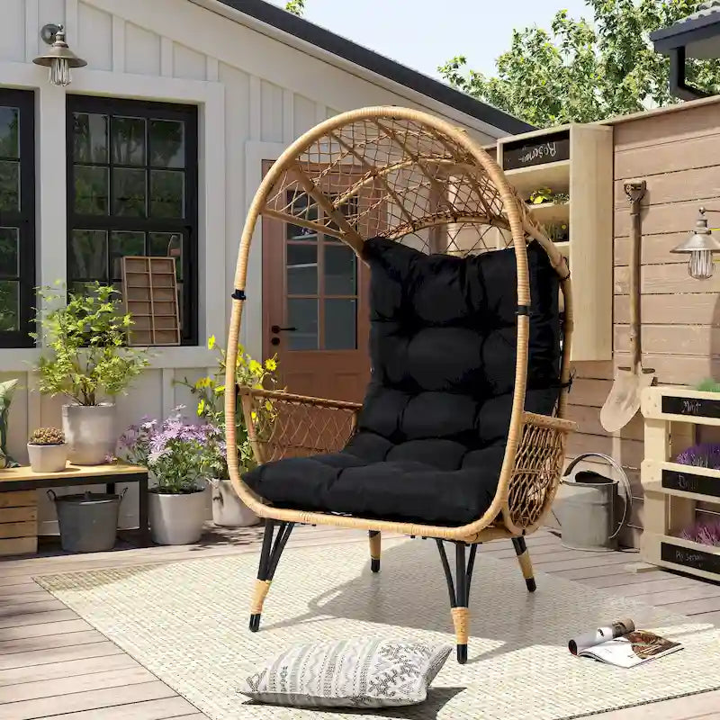 Fauteuil œuf d'extérieur Pellabant en osier tressé avec coussins - 59 cm P x 70 cm L x 144 cm H