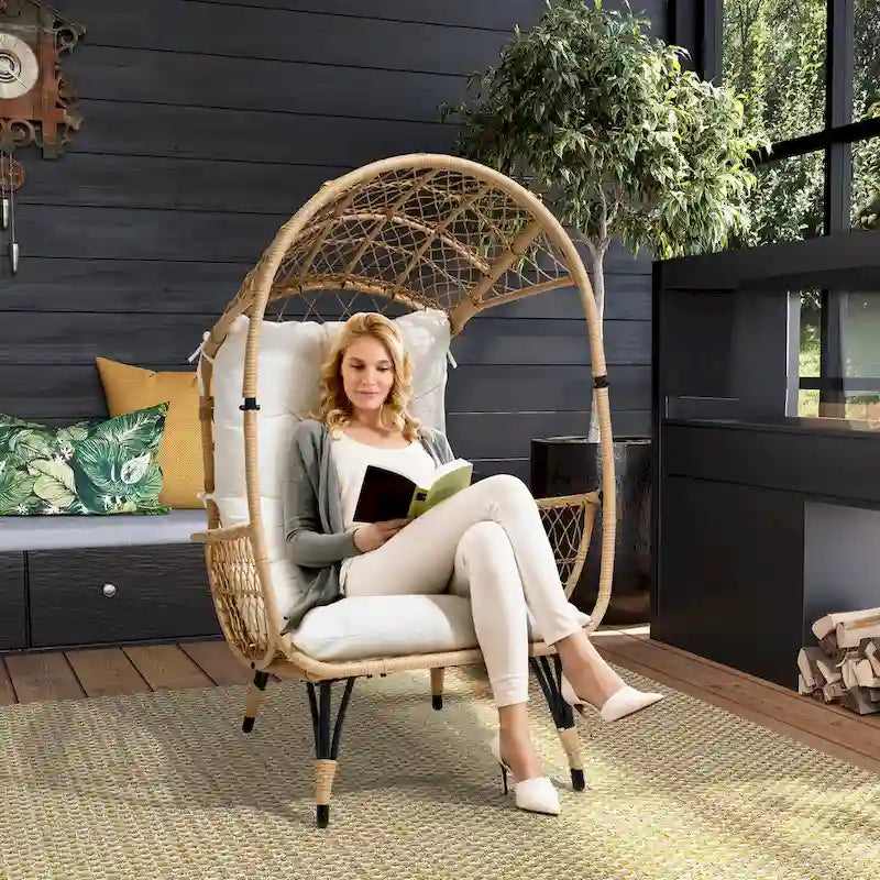 Fauteuil œuf d'extérieur Pellabant en osier tressé avec coussins - 59 cm P x 70 cm L x 144 cm H