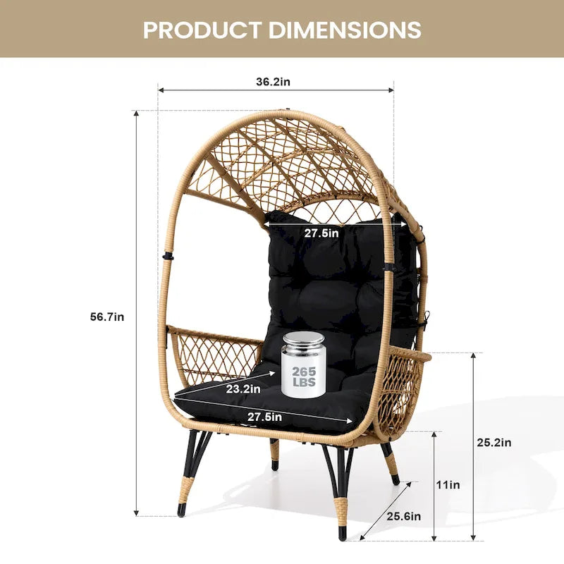 Fauteuil œuf d'extérieur Pellabant en osier tressé avec coussins - 59 cm P x 70 cm L x 144 cm H