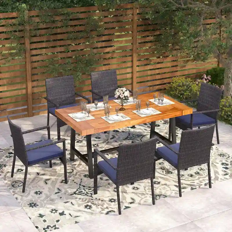 MAISON ARTS 7-piece Rattan Cushioned Wood Patio Dining Set
