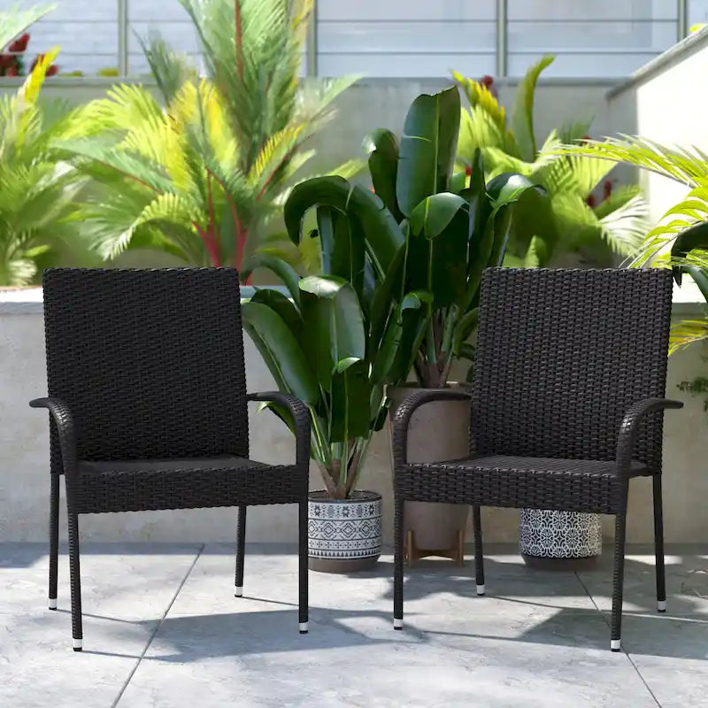 Indoor/Outdoor Stacking Steel Framed Wicker Dining Armchairs - 2 Pack