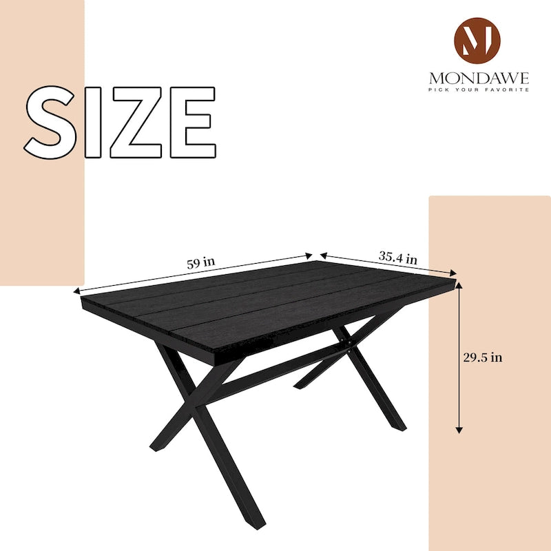 Table de salle à manger d'extérieur rectangulaire avec revêtement imitation bois.