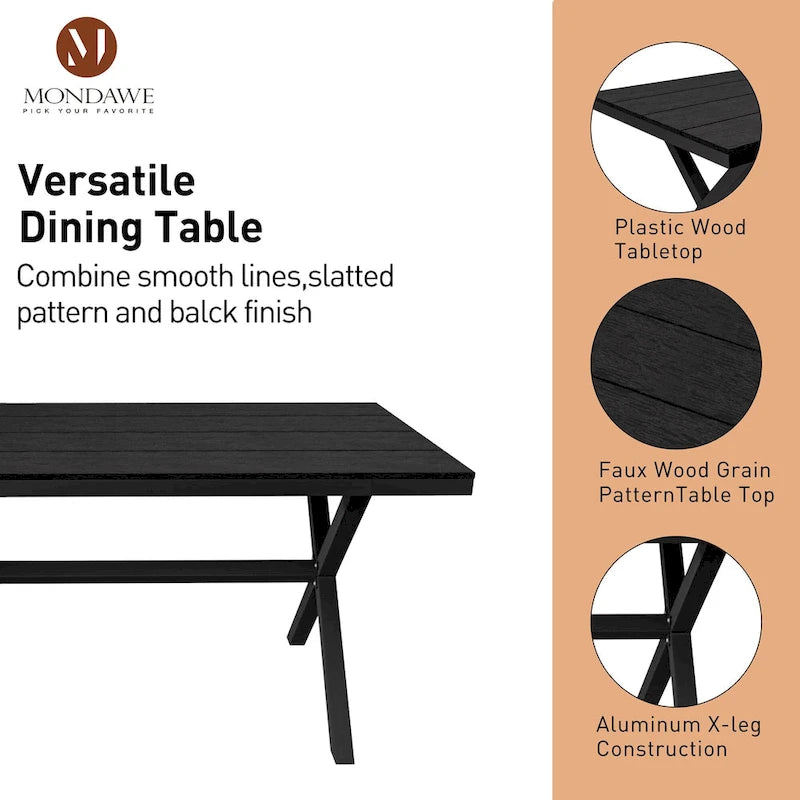 Table de salle à manger d'extérieur rectangulaire avec revêtement imitation bois.