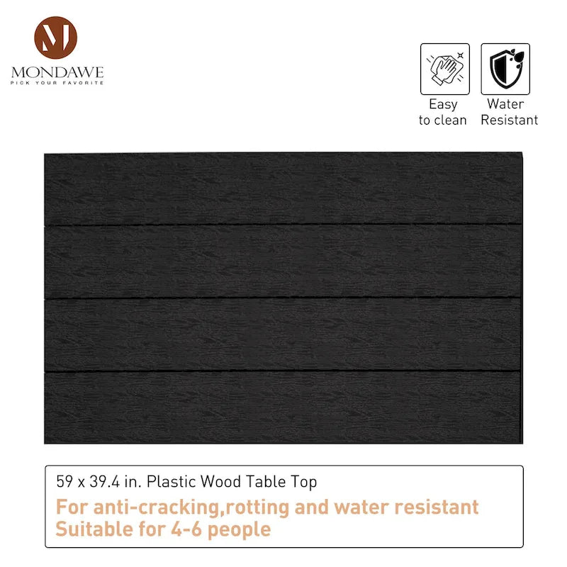 Table de salle à manger d'extérieur rectangulaire avec revêtement imitation bois.