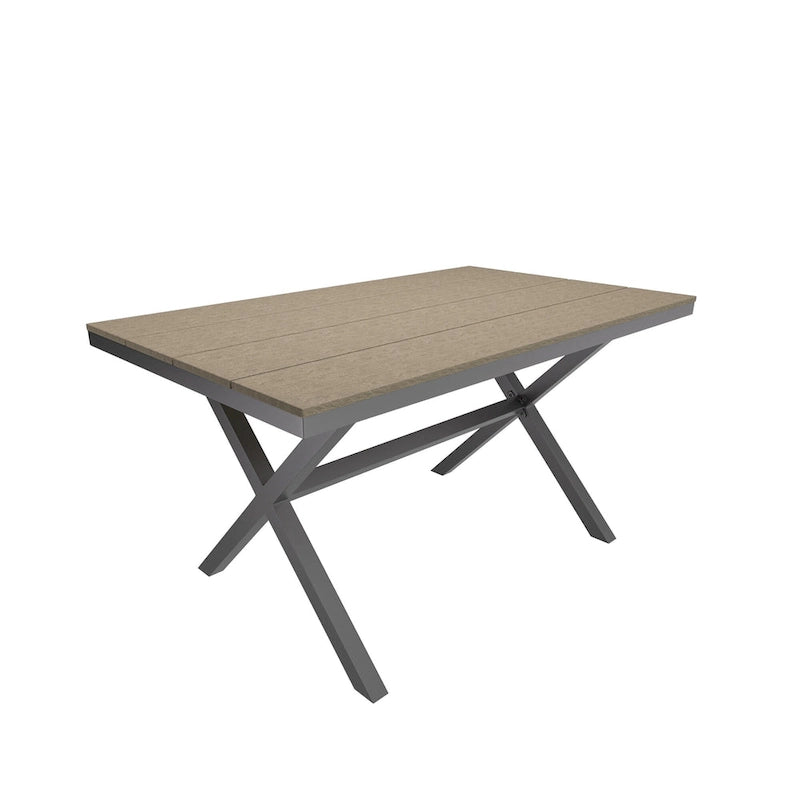 Table de salle à manger d'extérieur rectangulaire avec revêtement imitation bois.
