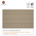 Table de salle à manger d'extérieur rectangulaire avec revêtement imitation bois.