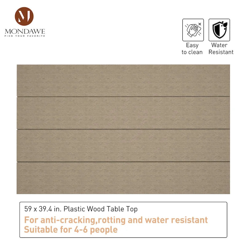 Table de salle à manger d'extérieur rectangulaire avec revêtement imitation bois.