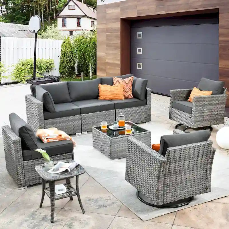 Ensemble de mobilier de jardin en résine tressée XIZZI 8 pièces avec chaise pivotante