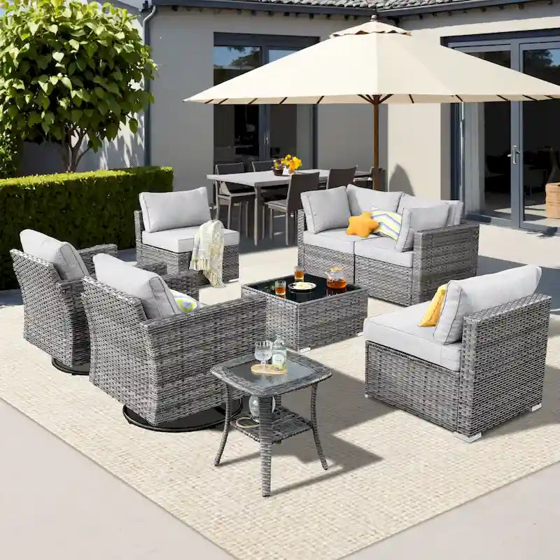 Ensemble de mobilier de jardin en résine tressée XIZZI 8 pièces avec chaise pivotante