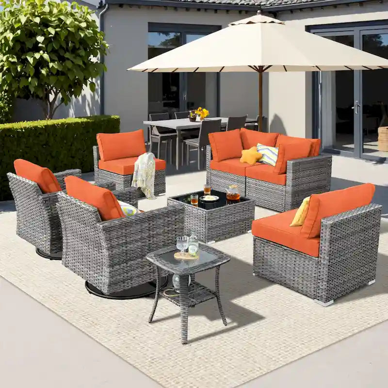 Ensemble de mobilier de jardin en résine tressée XIZZI 8 pièces avec chaise pivotante