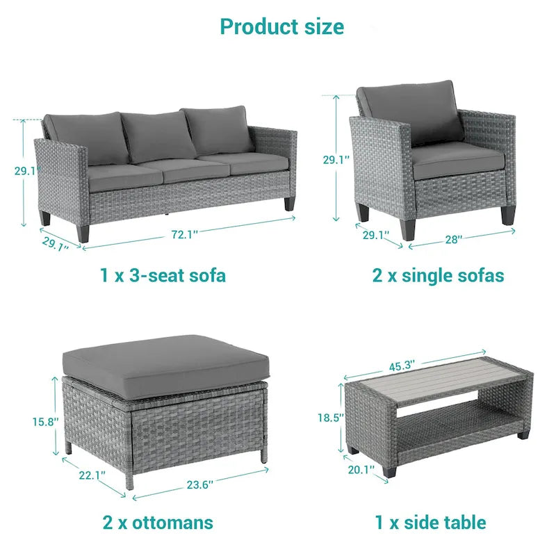 Ensemble de canapé de patio BONOSUKI 6 pièces en rotin gris avec poufs et table basse.