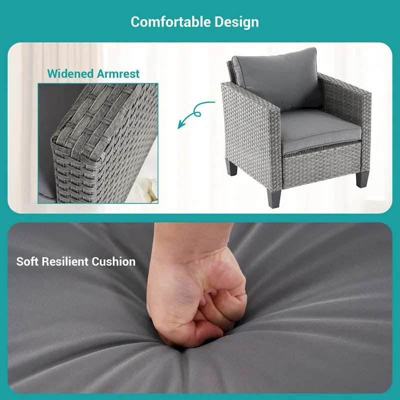 Ensemble de canapé de patio BONOSUKI 6 pièces en rotin gris avec poufs et table basse.