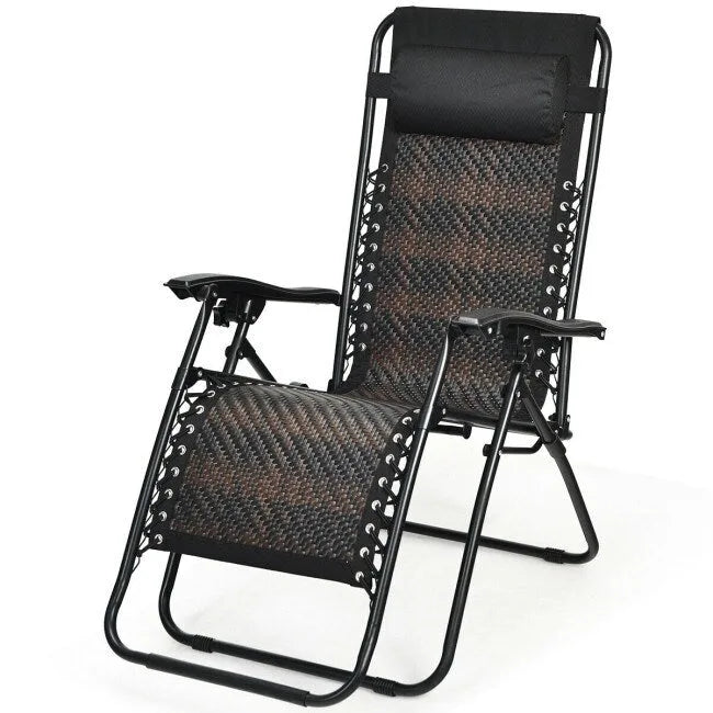 Folding Rattan Zero Gravity Lounge Chair with Removable Head Pillow - 32~61 x 25.5 x 34~43.5 (L x W x H)
