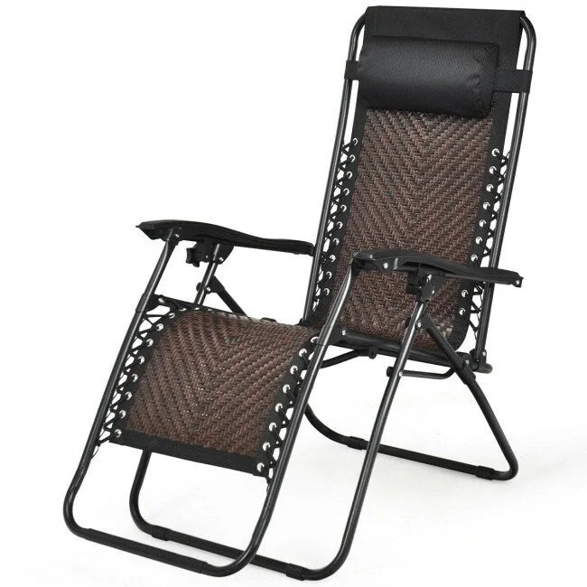 Fauteuil lounge pliable en rotin zéro gravité avec oreiller amovible - 32~61 x 25,5 x 34~43,5 (L x l x H)
