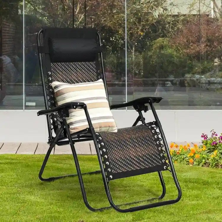 Fauteuil lounge pliable en rotin zéro gravité avec oreiller amovible - 32~61 x 25,5 x 34~43,5 (L x l x H)