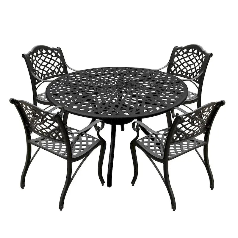 Modern Ornate Outdoor Mesh Aluminum 48-in Round Patio Dining Set with Four Chairs - N/A