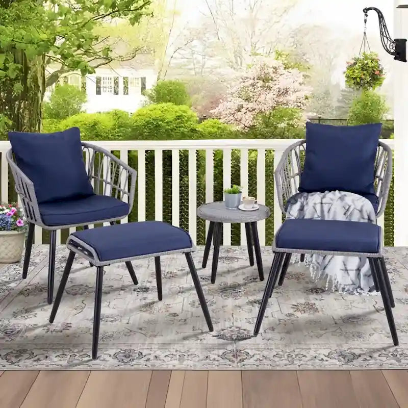 5-PC Wicker Outdoor Sofa Set, 2 Chairs, 2 Ottomans, 1 Table