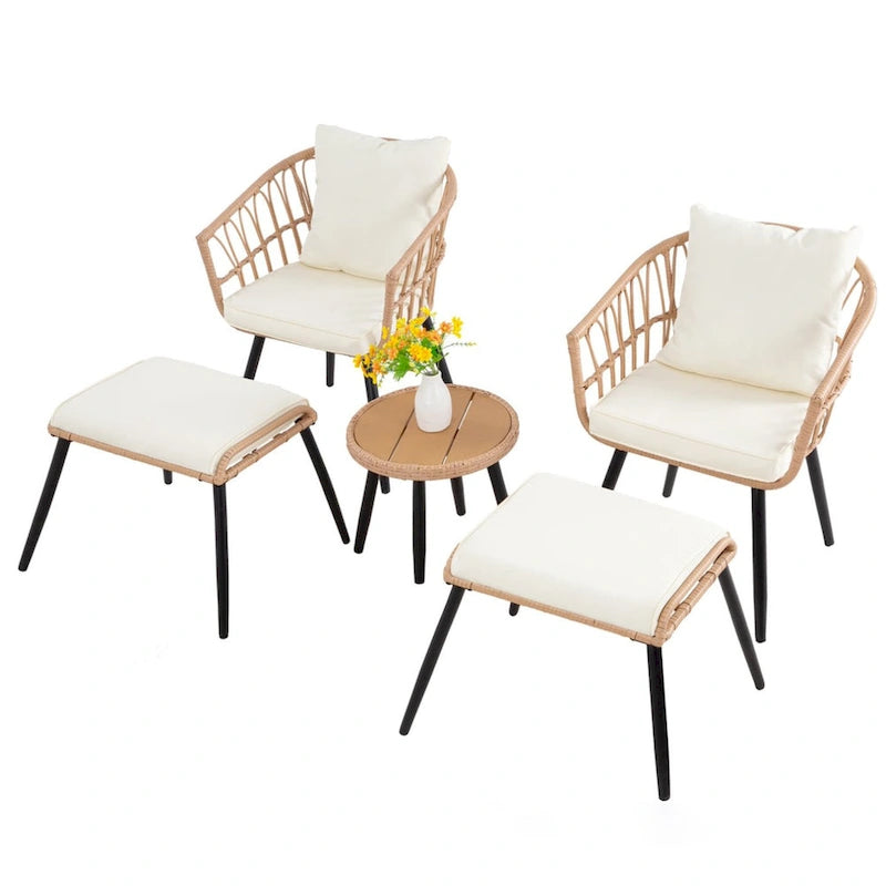 Ensemble de salon de jardin en résine tressée 5 pièces, comprenant : 2 fauteuils, 2 poufs et 1 table.