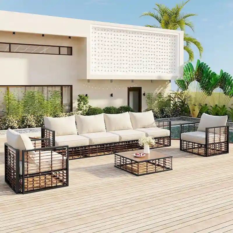 Ensemble de canapé d'angle en métal 7 pièces pour patio, ensemble de mobilier de jardin résistant aux intempéries avec coussins épais et table basse