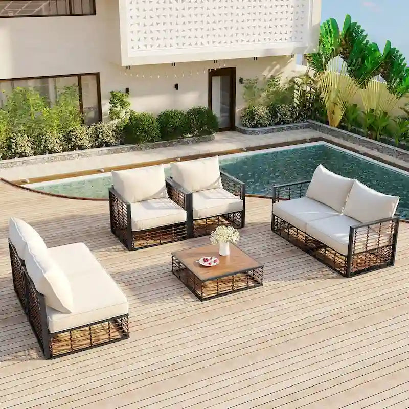 Ensemble de canapé d'angle en métal 7 pièces pour patio, ensemble de mobilier de jardin résistant aux intempéries avec coussins épais et table basse