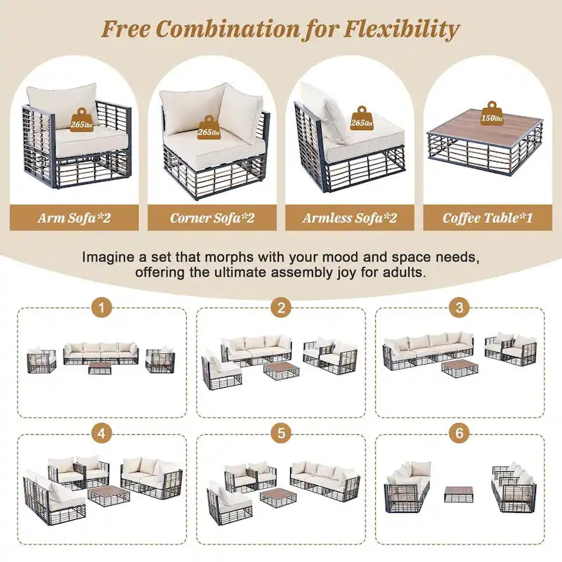Ensemble de canapé d'angle en métal 7 pièces pour patio, ensemble de mobilier de jardin résistant aux intempéries avec coussins épais et table basse