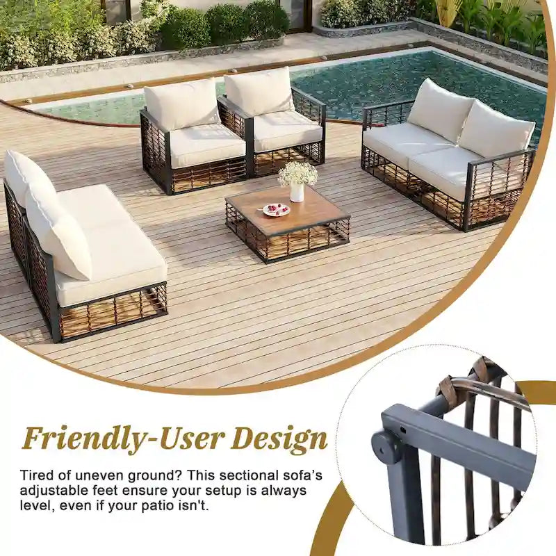 Ensemble de canapé d'angle en métal 7 pièces pour patio, ensemble de mobilier de jardin résistant aux intempéries avec coussins épais et table basse