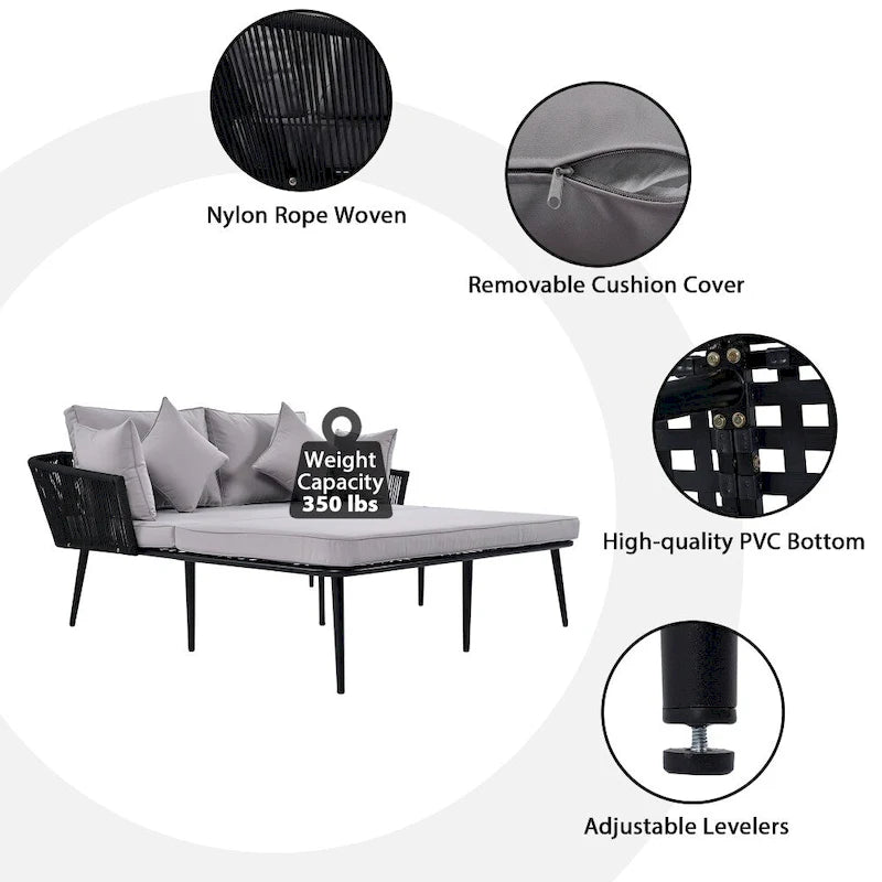 Lit de jour d'extérieur avec dossier en corde de nylon tressée et coussins lavables