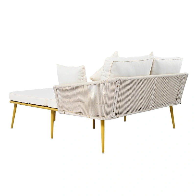 Lit de jour d'extérieur avec dossier en corde de nylon tressée et coussins lavables