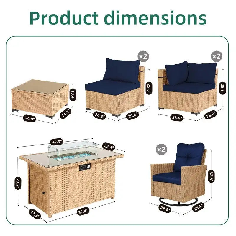 Ensemble de conversation UPHA 8 pièces en osier avec foyer extérieur, chaises pivotantes et coussins