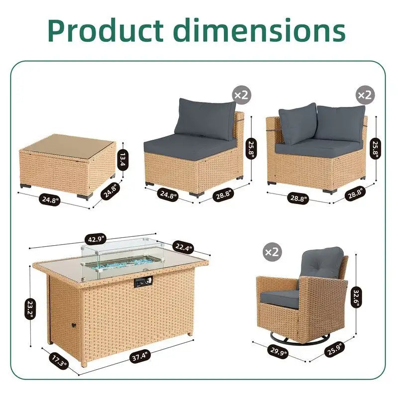Ensemble de conversation UPHA 8 pièces en osier avec foyer extérieur, chaises pivotantes et coussins