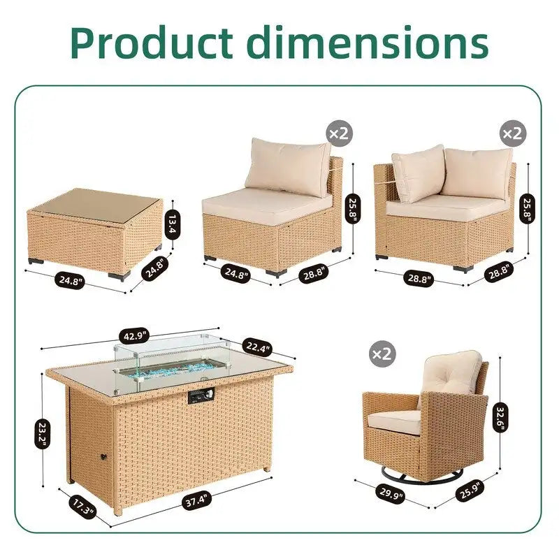 Ensemble de conversation UPHA 8 pièces en osier avec foyer extérieur, chaises pivotantes et coussins