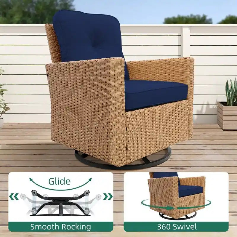 Ensemble de conversation UPHA 8 pièces en osier avec foyer extérieur, chaises pivotantes et coussins