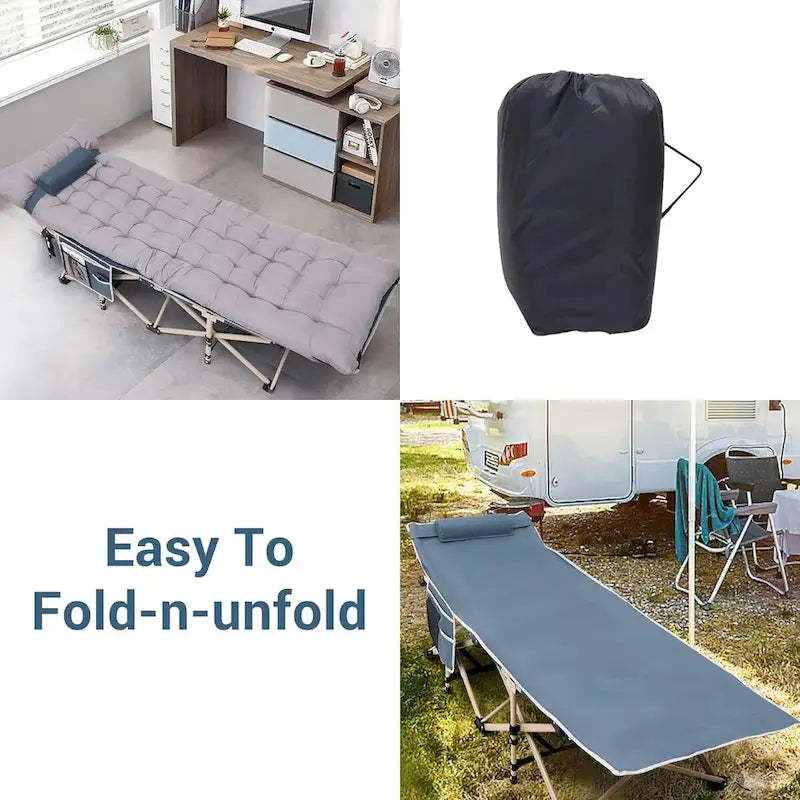 Lit de camp pliant pour adultes avec matelas, oreiller et filets latéraux. Supporte jusqu'à 227 kg (500 lb).