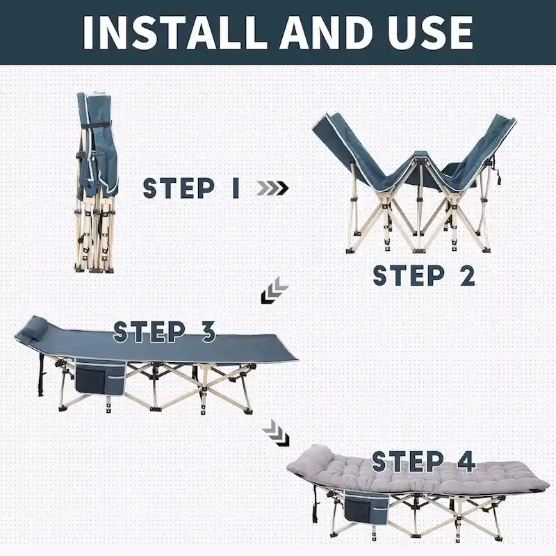 Lit de camp pliant pour adultes avec matelas, oreiller et filets latéraux. Supporte jusqu'à 227 kg (500 lb).