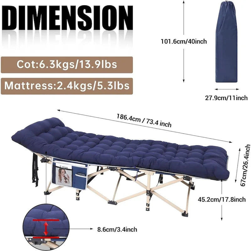 Lit de camp pliant pour adultes avec matelas, oreiller et filets latéraux. Supporte jusqu'à 227 kg (500 lb).