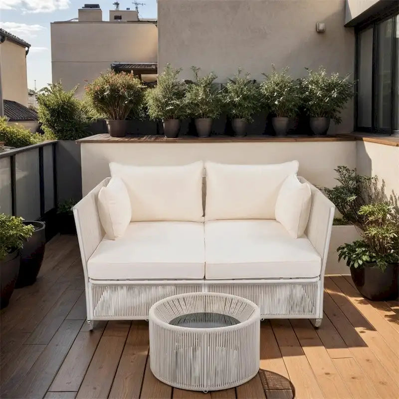 2 Piece Outdoor Loveseat Daybed Set with Tempered Glass Table