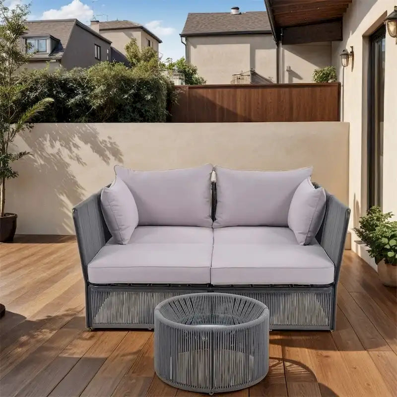 Ensemble canapé-lit d'extérieur 2 pièces avec table en verre trempé