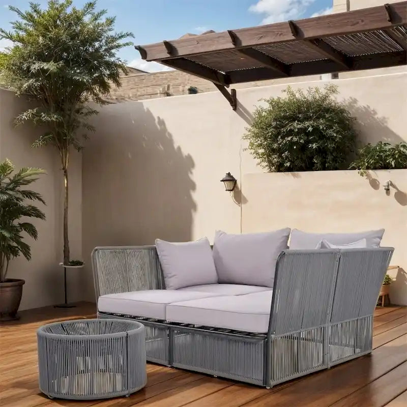 Ensemble canapé-lit d'extérieur 2 pièces avec table en verre trempé