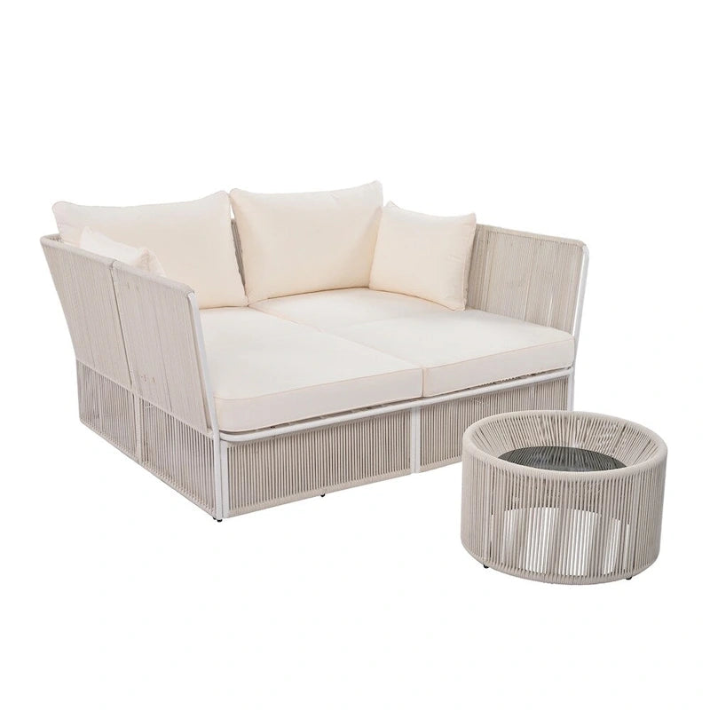 Ensemble canapé-lit d'extérieur 2 pièces avec table en verre trempé