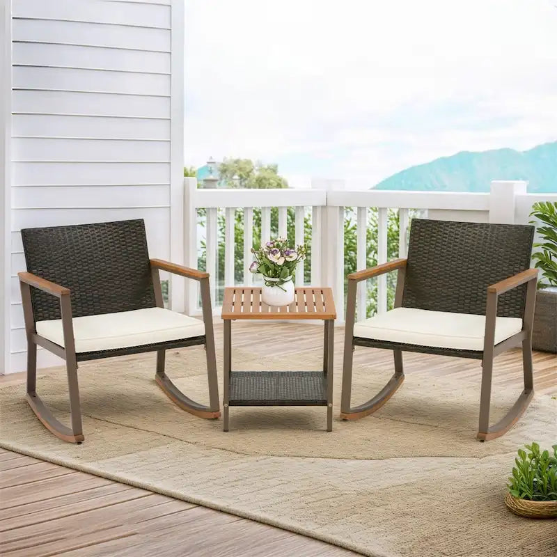 3 Pieces Rocking Wicker Bistro Set, Patio Outdoor Furniture Conversation Sets with Porch Chairs and Glass Coffee Table